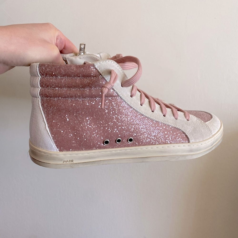 P448 Pink Glitter White Distressed Leather High Top Sneakers